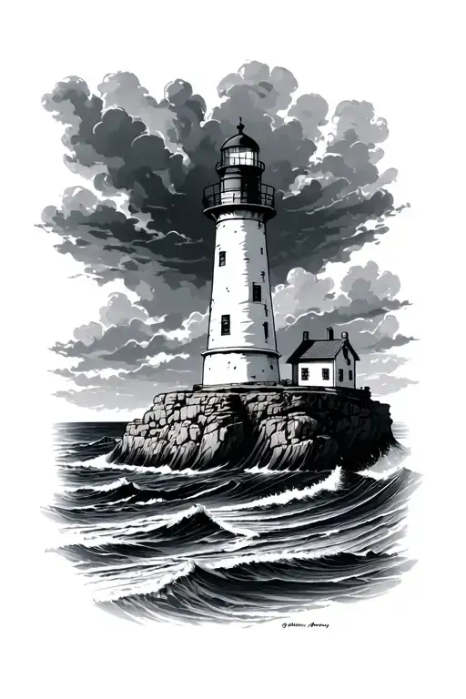 stormy sea lighthouse overlooking on cliff tattoo design idea