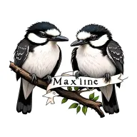 two kookaburras sitting on a branch holding a strand of ribbon with the name Maxine tattoo design idea