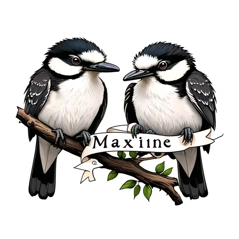 two kookaburras sitting on a branch holding a strand of ribbon with the name Maxine tattoo design idea