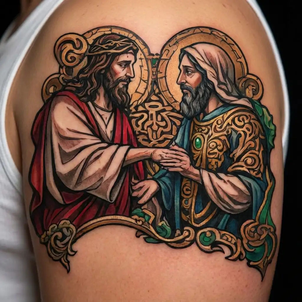 jesus christ and prophet muhammad shaking hands in peace tattoo design idea