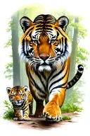 tiger with 2 cubs walking in the forest tattoo design idea