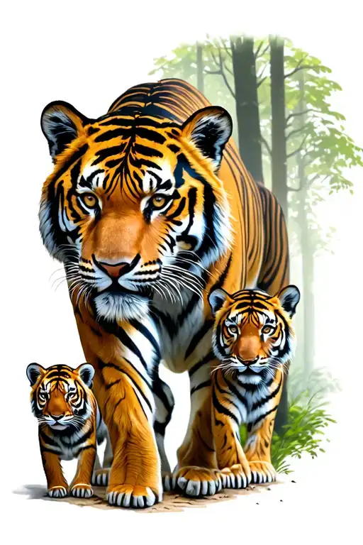 tiger with 2 cubs walking in the forest tattoo design idea