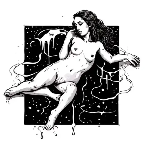 fully undressed woman laying down facing front legs spread out, close up between her legs, milk dripping down her skin tattoo design idea