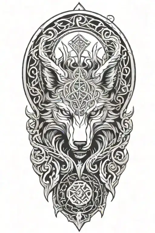 fenrir whit runes and snake, tree of life intertwined, viking axes tattoo design idea