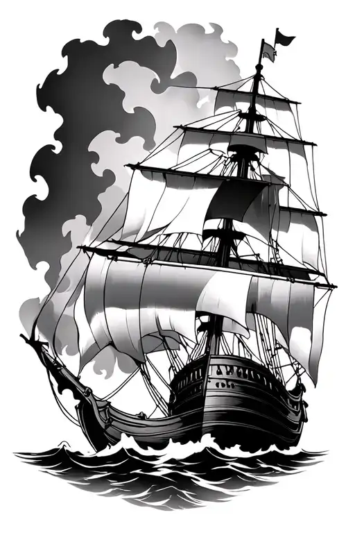 Spanish galleon on fire black and white tattoo design idea