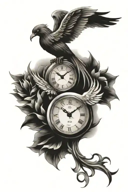 clock, sand clock, pheonix rising tattoo design idea