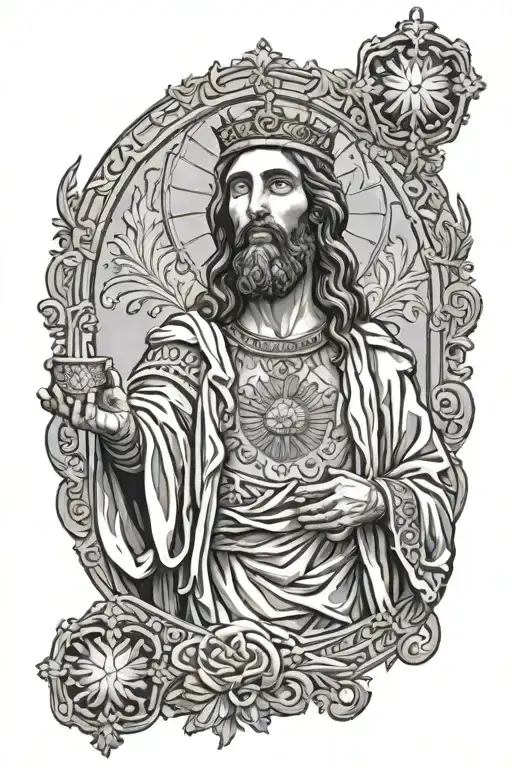 detailed middle eastern jesus as victorious king in a gray marble statue look tattoo design idea