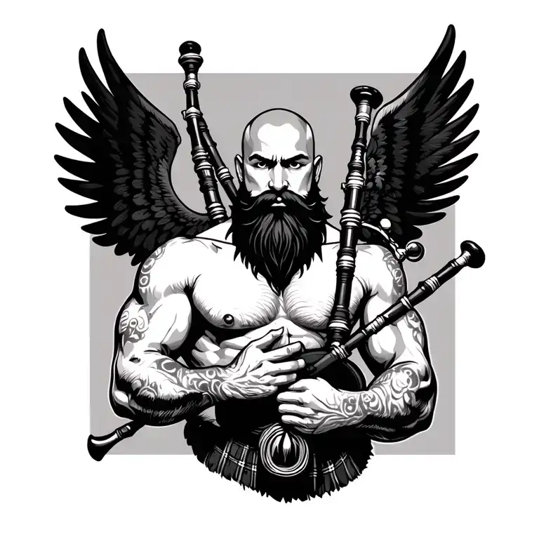 scottish bagpiper bald black beard  muscular wearing pipes in arm big black wings shirtless tattoo calm eyes calm face tattoo design idea