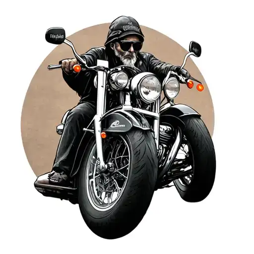 old biker on a Harley Davidson with black and grey shading  tattoo design idea