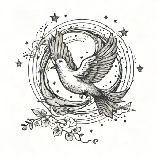 A minimalist design of a peaceful dove flying towards a crescent moon, with tiny stars scattered around it tattoo design idea
