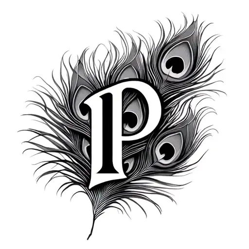 "P" peacock feather intertwined tattoo design idea