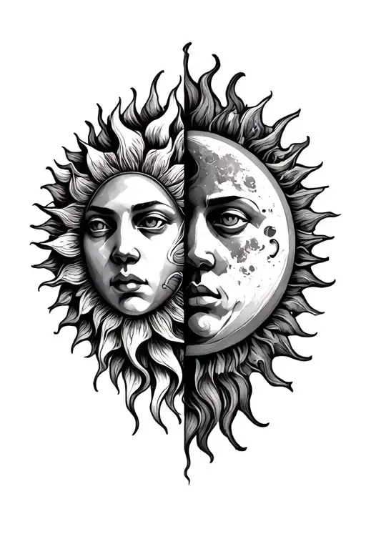 sun and the moon in the form of fused human faces. The sun, on the left, has corrugating rays tattoo design idea