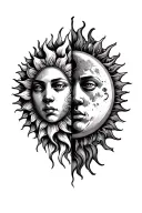 sun and the moon in the form of fused human faces. The sun, on the left, has corrugating rays tattoo design idea