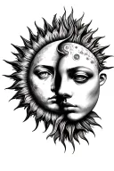 sun and the moon in the form of fused human faces. The sun, on the left, has corrugating rays tattoo design idea