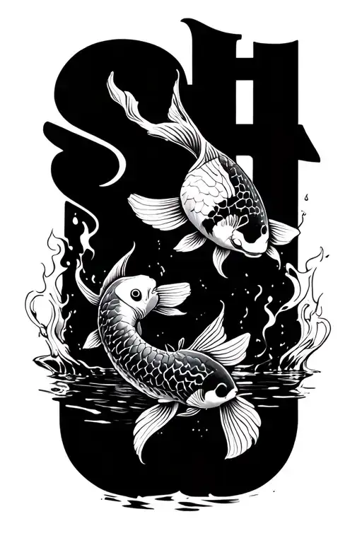 "SH" SH with Fire and Water with koi fish tattoo design idea