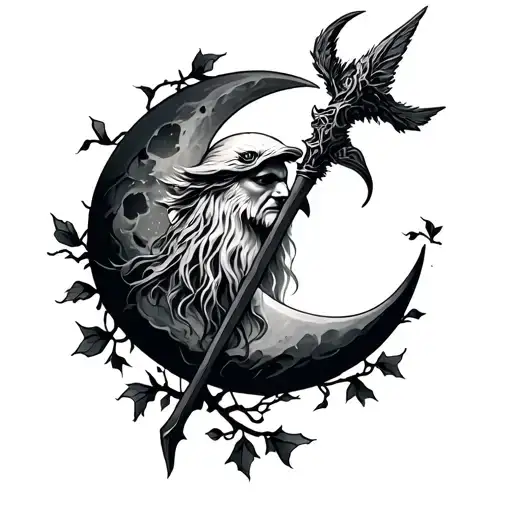 old Merlin, staff, moon, vines wrapped tattoo design idea