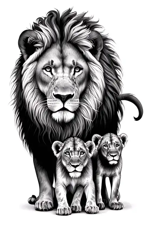 lion family with lion as main along with lioness & 2 cubs, lioness under the lion and 2 cubs under the lioness tattoo design idea