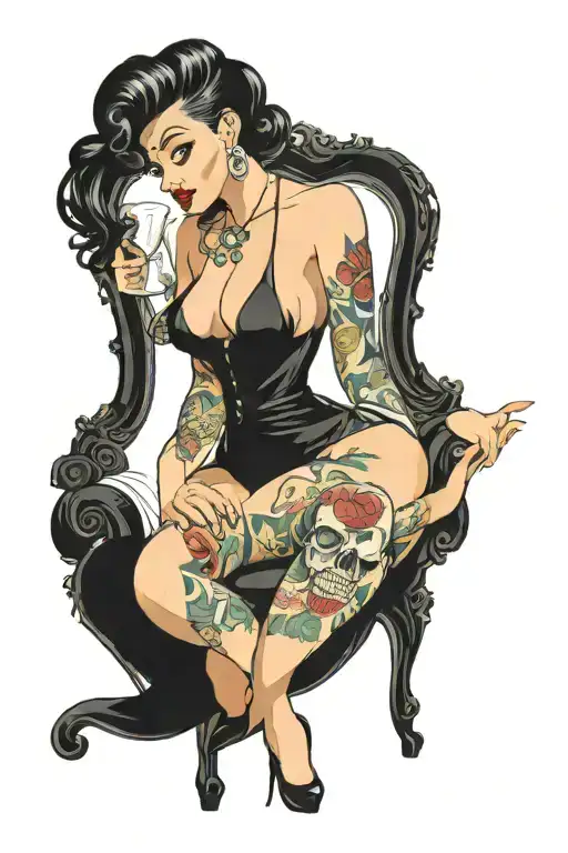 sexy pin up girl, no clothes on, minimal clothing, nakedm voluptuous, beautiful, full body. all body parts.  no deform tattoo design idea