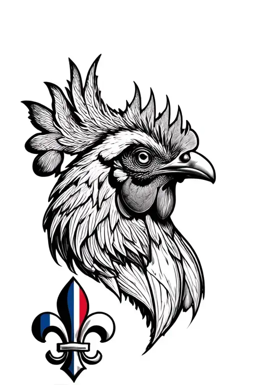 rooster head with a French flag, the Lorraine cross and fleur -de -lis tattoo design idea