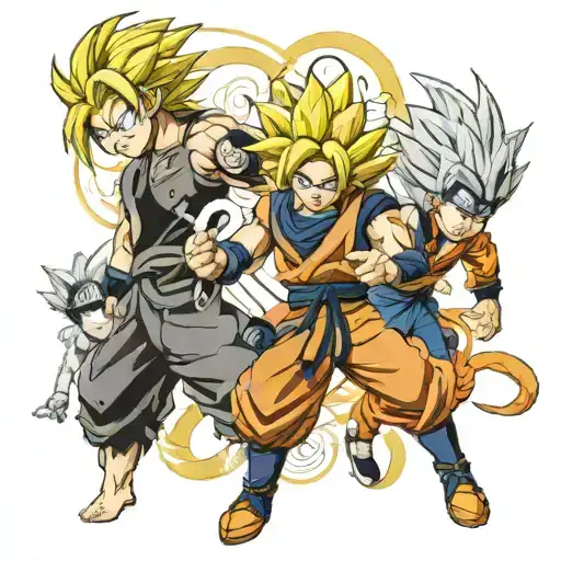 Conceptual design including goku ulra instinct, baryon mode naruto, gear 5 luffy, final bankai form ichigo tattoo design idea