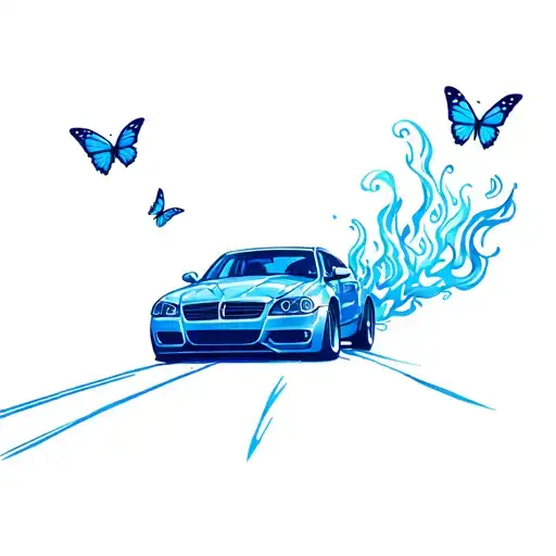 car speeding down the street that's blue and the road says burning blue all with butterflies around  tattoo design idea