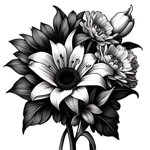 Easter lily, sunflower, carnations tulip bouquet tattoo design idea