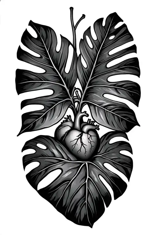 monstera with human heart and plants tattoo design idea