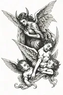 Devil and angel looking at each other with a big wing carrying new born baby(daughter)that is no more alive  tattoo design idea