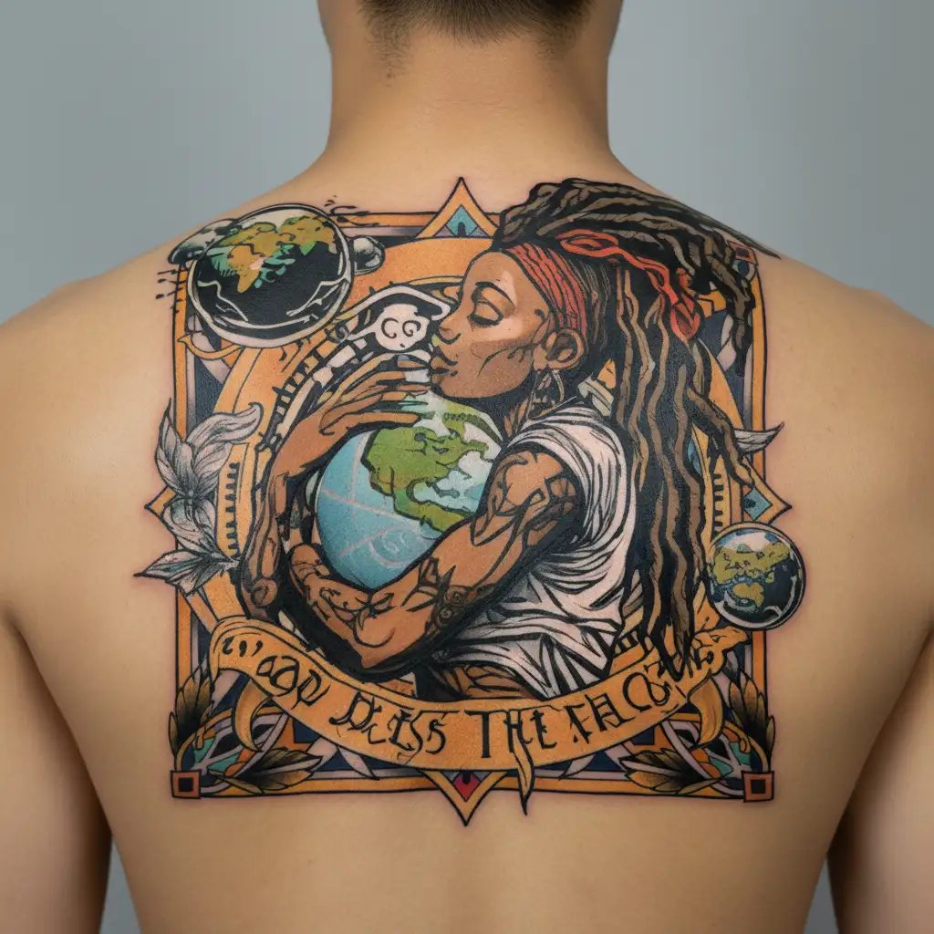 African American female with dread locks holding up the world with the words "God bless the child that can hold his own" tattoo design idea
