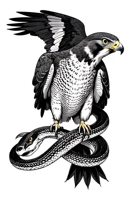 peregrine falcon spread wings fighting coiled snake tattoo design idea