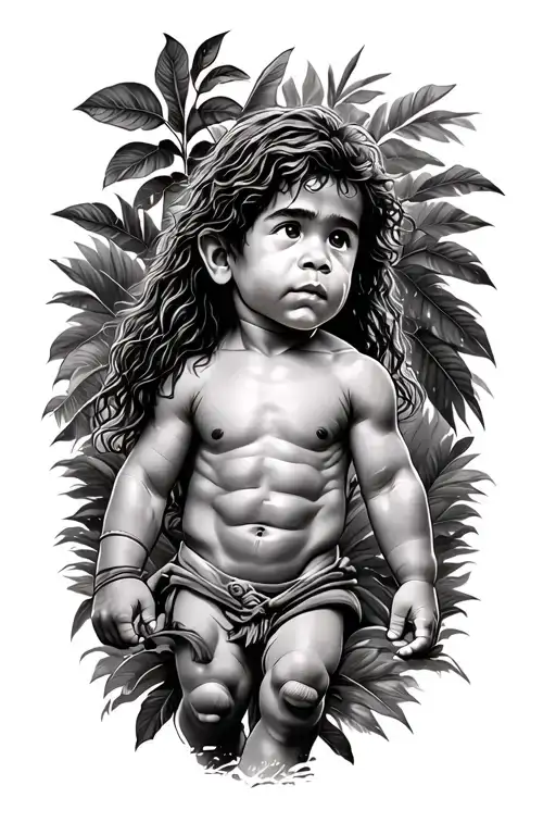 🎨 Tattoos Design Description: Tarzan Children in Gravash style with color details: Baby and cartoon character Tarzan (Elham Garf tattoo design idea