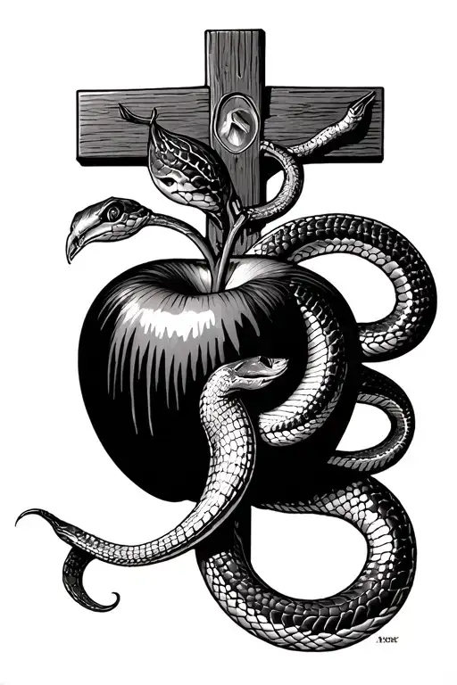 sin is forgiven, snake, crucified apple tattoo design idea