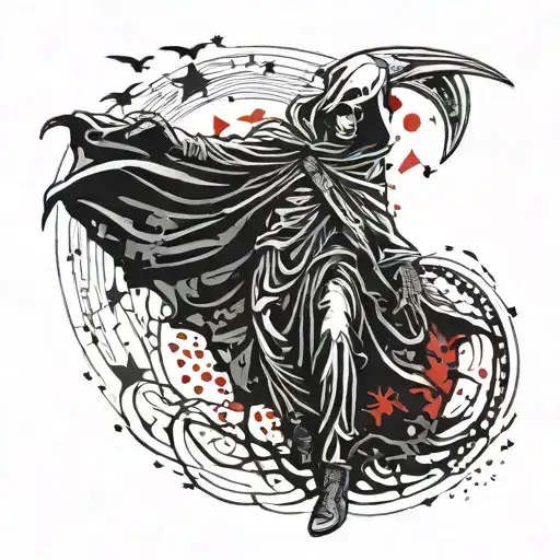 The is grim reaper staying at the half moon. an male angel is kossing his hand. stars at the sky  tattoo design idea