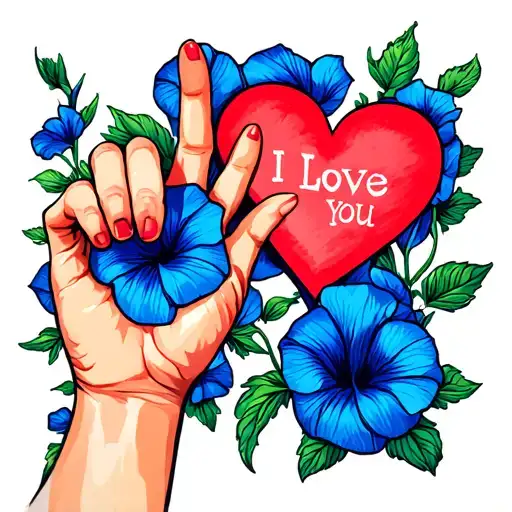 I love you sign language with heart for palm next to blue morning glory  tattoo design idea
