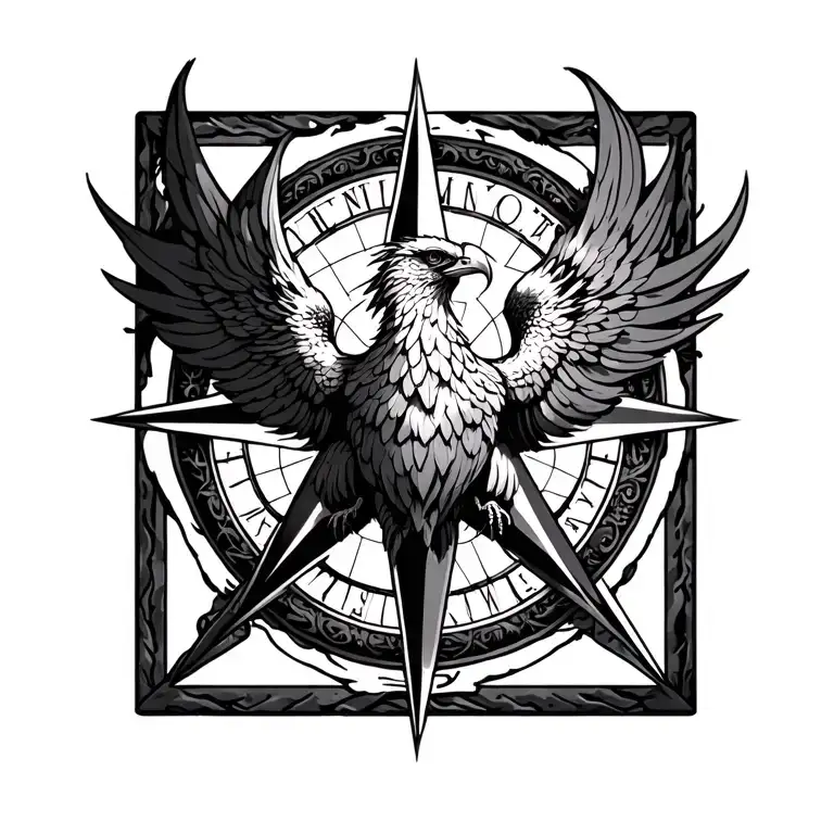 phoenix in a compass rose surrounded tattoo design idea