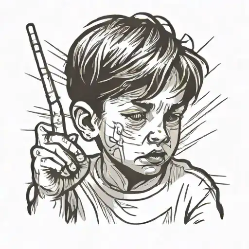 little boy sulking sticking his middle finger up tattoo design idea