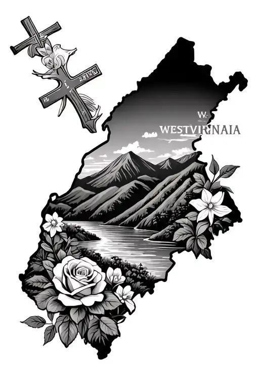 state of "westvirginia" outline, rolling mountains, stream, roses, daffodils, cross, flying WV tattoo design idea