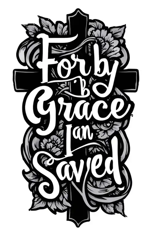 "For by grace, I am saved" cross intertwined tattoo design idea
