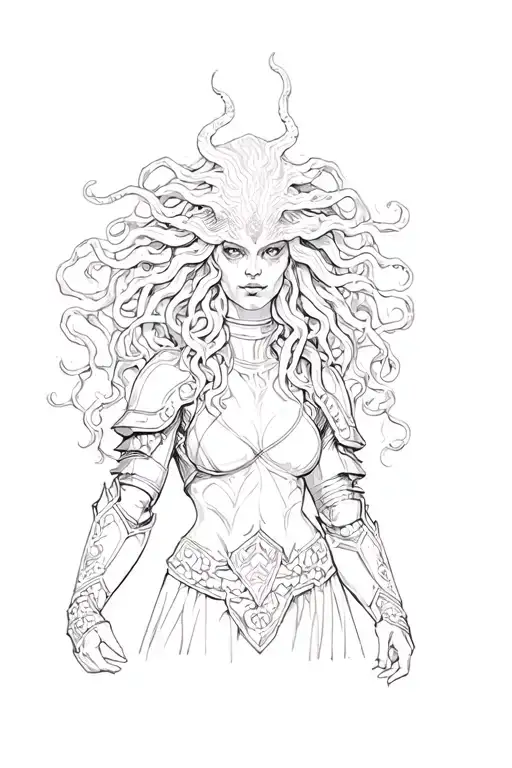 Medusa holding a head wearing armor full body tattoo design idea