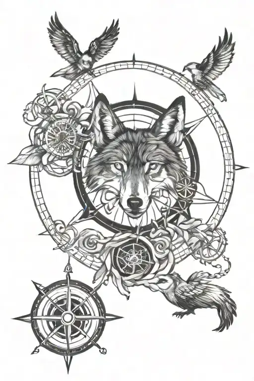 wolf, owl, nautical compass rose intertwined tattoo design idea