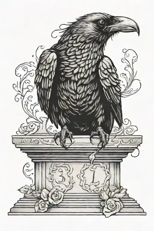 black crow with a wedding ring in its beak perched on top of a headstone tattoo design idea