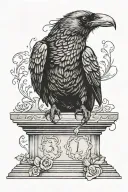 black crow with a wedding ring in its beak perched on top of a headstone tattoo design idea