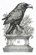 black crow with a wedding ring in its beak perched on top of a headstone tattoo design idea