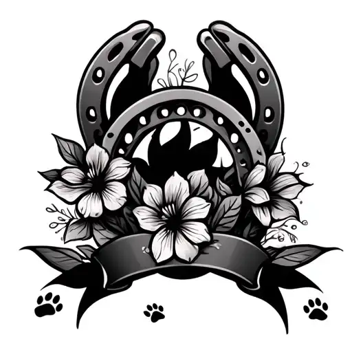 floral pattern with horse shoes and paw print tattoo design idea