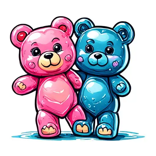 One small pink gummy bear and one small blue gummy bear inside of a heart tattoo design idea