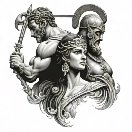 athena and hercules greek mythology only heads around a realistic vertical axis tattoo design idea
