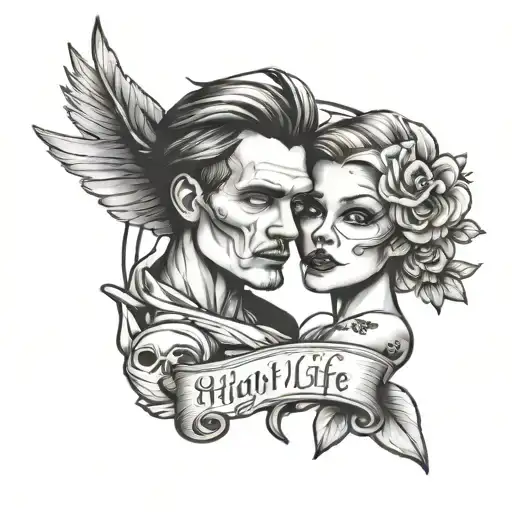 Matching couple tiny tattoos ideas with phrase high on life til the Day we die tattoo design idea