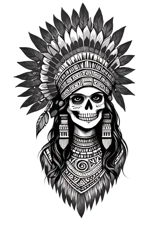 aztec girl , skull mask, feminine, face with an Aztec headdress, shadow and life tattoo design idea