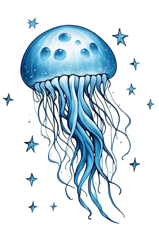 moon jellyfish tattoo with little stars around it, delicate style with a touch of realism tattoo design idea