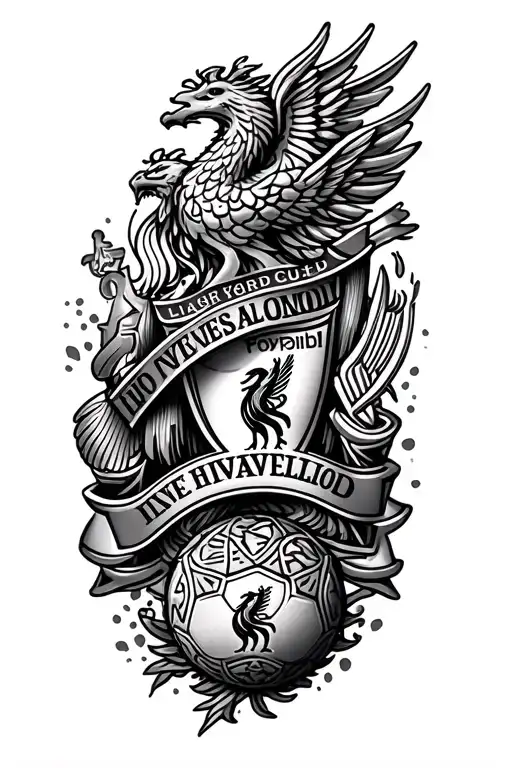 Tattoo sleeve for men depicting many objects related to Liverpool Football Club, , fast driving, traveling, hanging o tattoo design idea